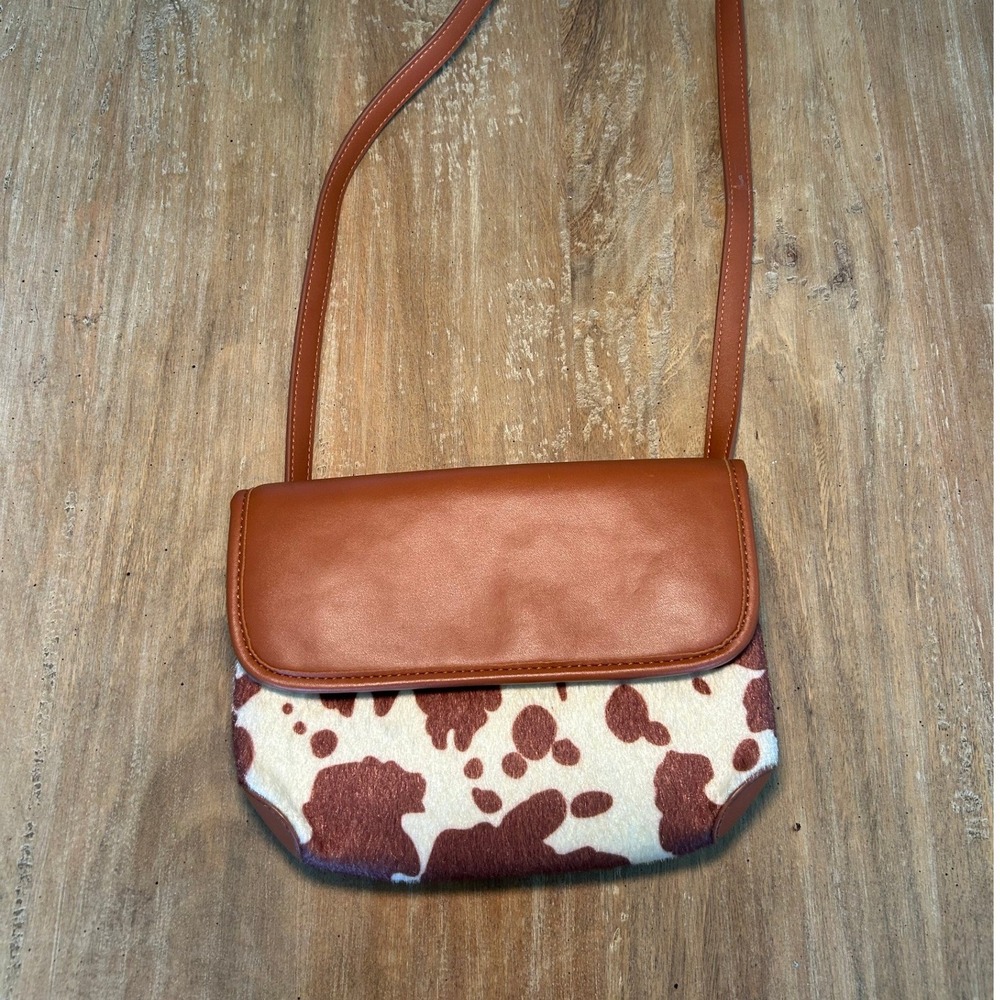 Cow Print Faux Fur Crossbody Bag Cognac Brown‎ White Western Style Small Purse